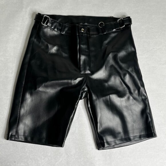 RARE VELMONTU Black Faux Leather High-Waisted Bermuda Shorts LARGE - Picture 1 of 4